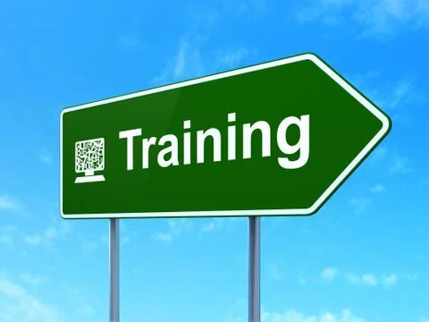Education concept: Training and Computer Pc on road sign background Illustrazione stock