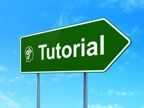 Education concept: Tutorial and Head With Gears on road sign background 스톡 일러스트