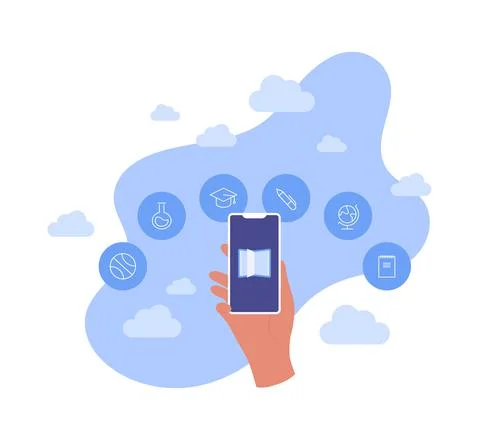 Education concept. Vector flat illustration. Human hand hold smartphone with  Stock Illustration