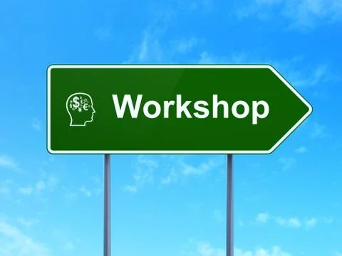 Education concept: Workshop and Head With Finance Symbol on road sign background Illustrazione stock
