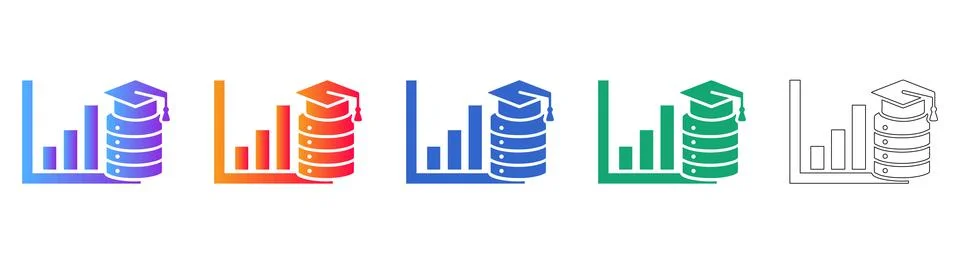 Education Data Analytics Icon Set with Bar Graph and Graduation Cap Illustrazione stock