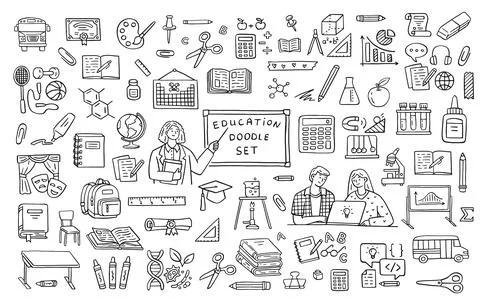 Education doodle icon set. Back to school line hand drawn elements - student Stock Illustration