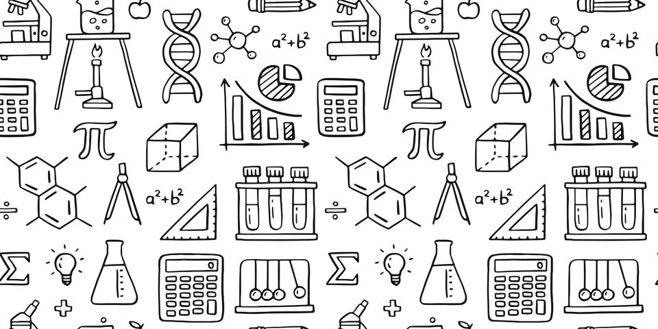 Education doodle seamless pattern. Science line hand drawn elements - Stock Illustration