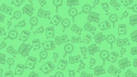Education doodle a vibrant green pattern of books magnifying glasses and alarm Stock Footage 334368722