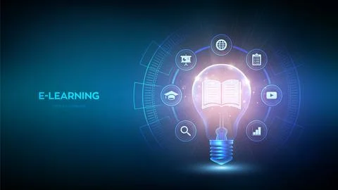 Education. E-learning. Light bulb with book icon inside. Innovative online ed Illustrazione stock