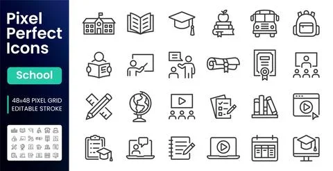 Education, E-Learning line icon set. School, book, graduation cap, teacher Stock Illustration