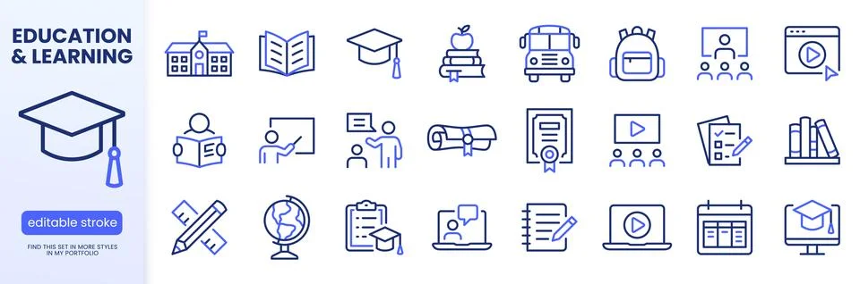 Education, E-Learning line icon set. School, book, graduation cap, teacher Stock Illustration
