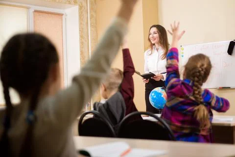 Education, elementary school, learning and people concept. Foto stock