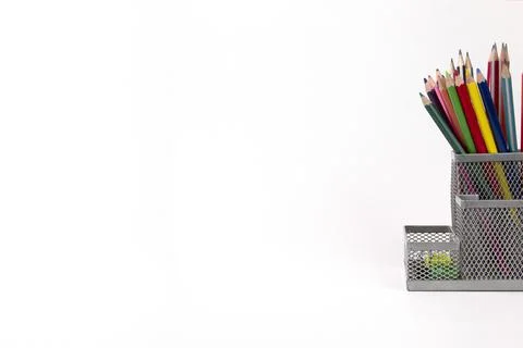 Education elements in the box isolated on white background. Back to school co Stock Photos