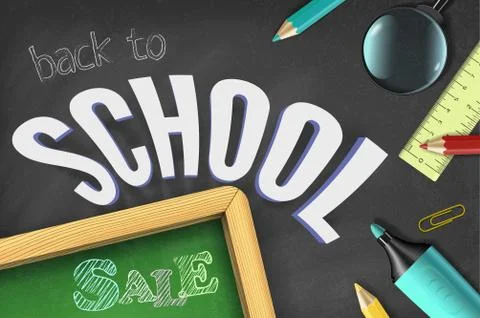Education elements, colorful hand drawn text on black chalkboard background Stock Illustration