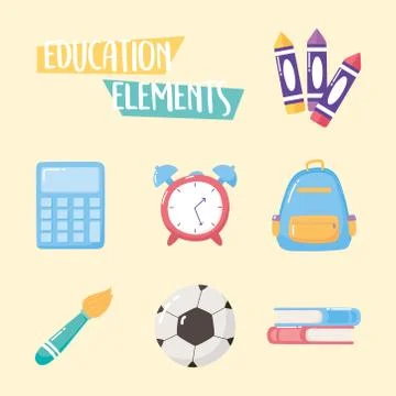 Education elements icons backpack clock book crayons brush school elementary 库存插图