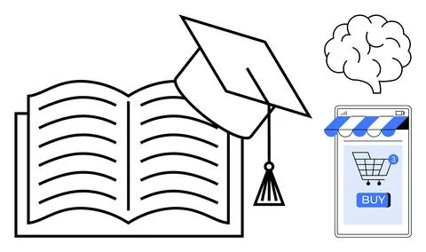 Education Elements Open Book, Graduation Cap, Brain, and Online Shopping Stock Illustration
