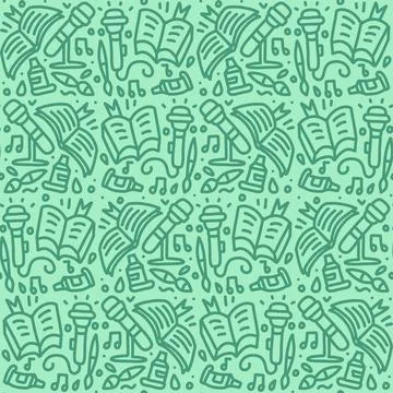 Education elements seamless background. Reading, snging and painting school Illustrazione stock