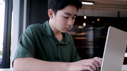Education everywhere learning concept, Asian boy doing homework or chatting.. Stock Footage 245071524