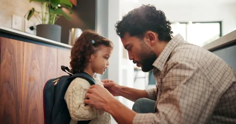 Education, father and high five child with backpack for learning support, back Stock Footage 335104554