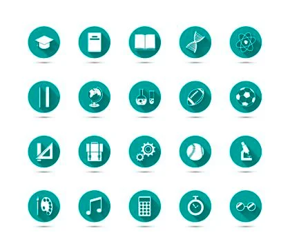 Education flat icons with long shadow on green background isolated on white Stock Illustration