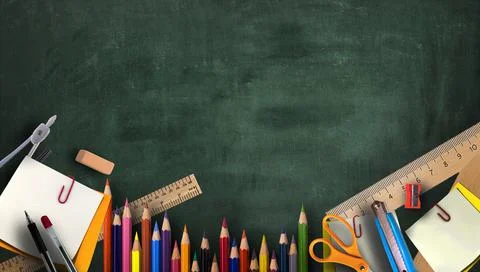 Education Flat lay. Back to school. Various school supplies arranged on Green Stock Illustration