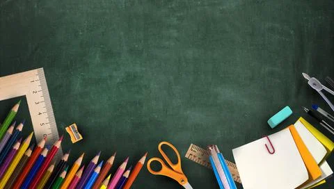 Education Flat lay. Back to school. Various school supplies arranged on Green Stock Illustration