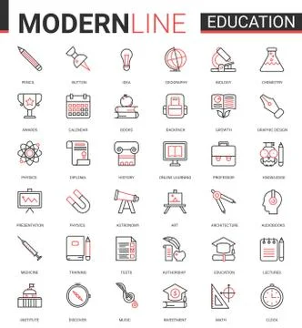 Education flat thin red black line icon vector illustration set with outline Stockillustratie