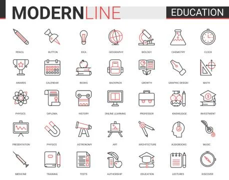 Education flat thin red black line icon vector illustration set with outline Stock Illustration