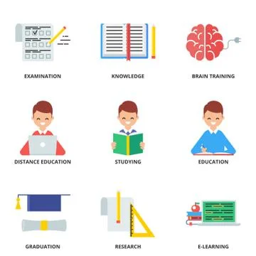 Education flat vector icons set Stock Illustration