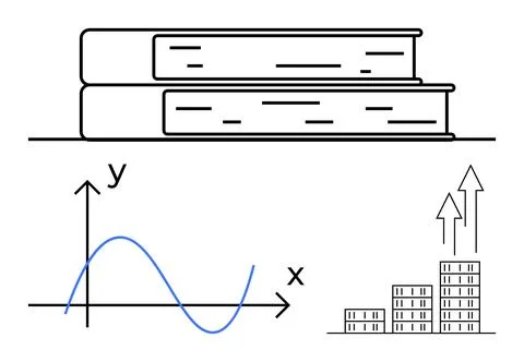 Education, Growth, and Data Concept with Books, Graph, and Buildings Icon Set Stock Illustration
