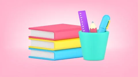 Education homework knowledge learning book stack and stationery in pencil hol Stock Illustration