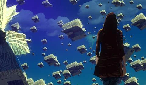 Education. Human standing on an edge. Imaginary world. Stock Illustration