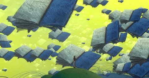 Education. Human standing on an edge. Imaginary world. Illustrazione stock