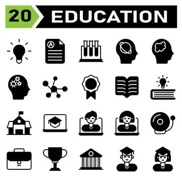 Education icon set include bulb, idea, light, genius, lamp, education, docume Stock Illustration