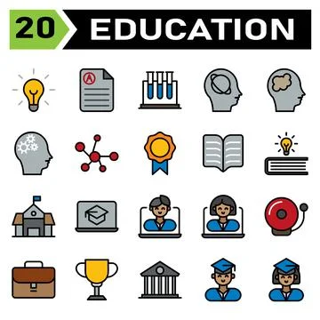 Education icon set include bulb, idea, light, genius, lamp, education, docume Stock Illustration