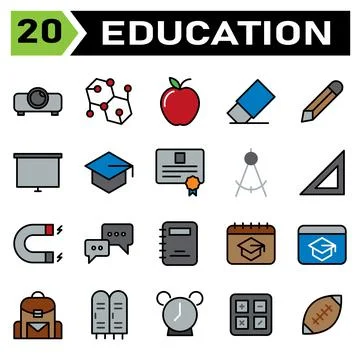 Education icon set include projector, projection, presentation, education, fo Stock Illustration