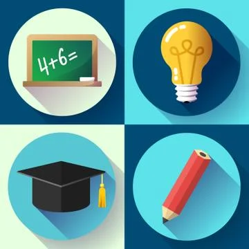 Education icon set on white background. Lightbulb, pencil, graduate hat, slate, Stock Illustration