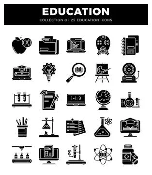 Education icons. 25 graphic elements. including apple. computer. lab equipm.. Stock Illustration