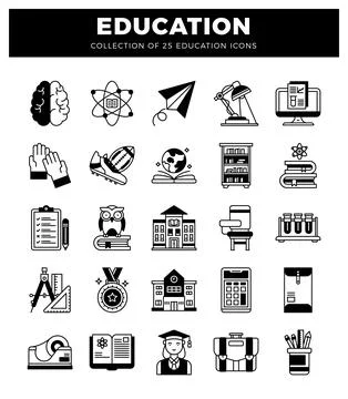 Education icons collection with brain. atom. paper plane. desk lamp and com.. Stock Illustration