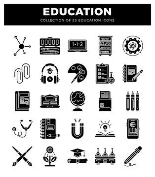 Education icons collection featuring learning. science. and art symbols. Stock Illustration
