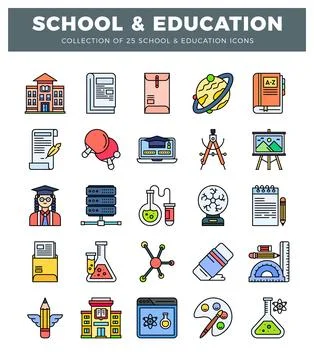 Education icons collection featuring school building. book. laptop. and sci.. Stock Illustration