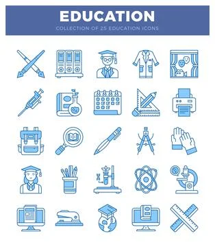 Education icons collection in flat design style with blue outlines on white.. Illustrazione stock