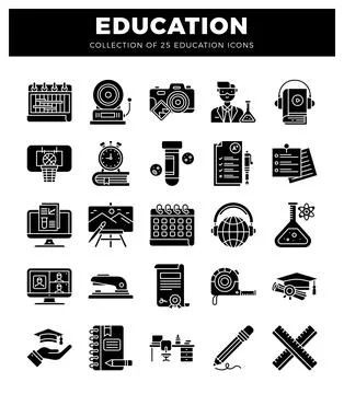 Education icons collection for learning and teaching concepts on white back.. Stock Illustration