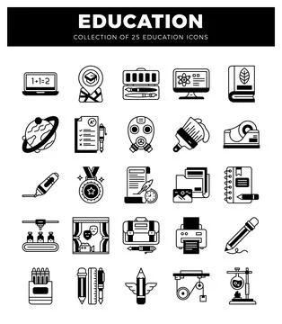 Education icons collection with learning and creative tools. Illustrazione stock