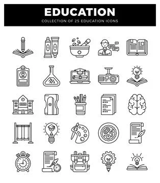 Education icons collection with learning and science symbols Stock Illustration