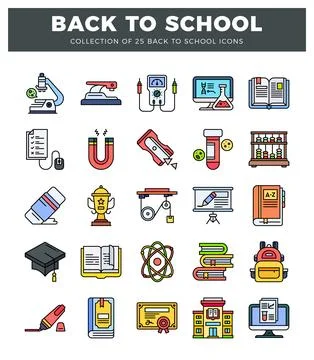 Education icons featuring science. learning. and school supplies Illustrazione stock