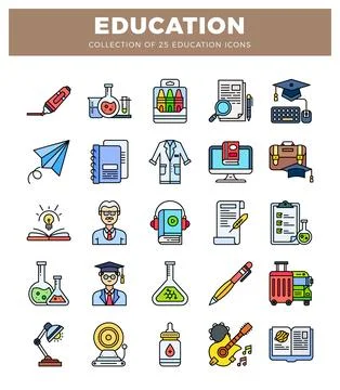 Education icons featuring science. learning. and school supplies. Illustrazione stock