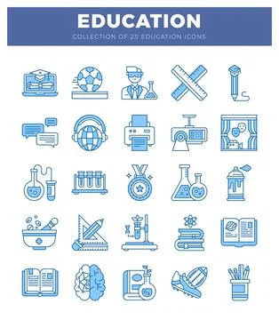 Education icons in a grid format with blue outlines on a white background. Stock Illustration