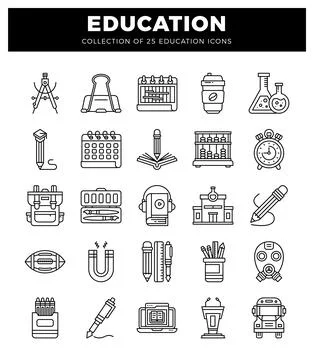 Education icons in a grid layout against a white background. Stock Illustration