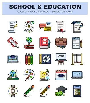 Education icons in a grid on a white background. Stock Illustration