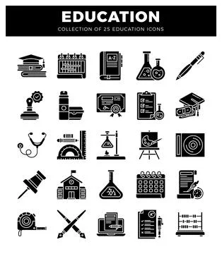 Education icons. presented as a gridded design on a white background. Stock Illustration