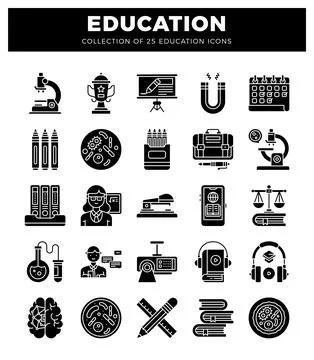 Education icons with science and learning symbols on a white background. Stock Illustration