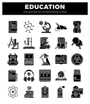Education icons with science and learning symbols on white background Stock Illustration