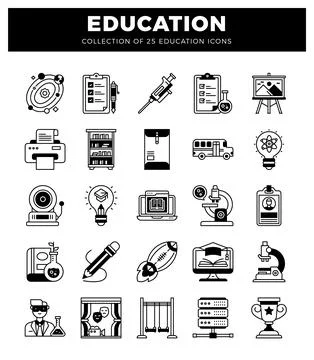 Education icons with science. learning. and school symbols on white backgroun Stock Illustration